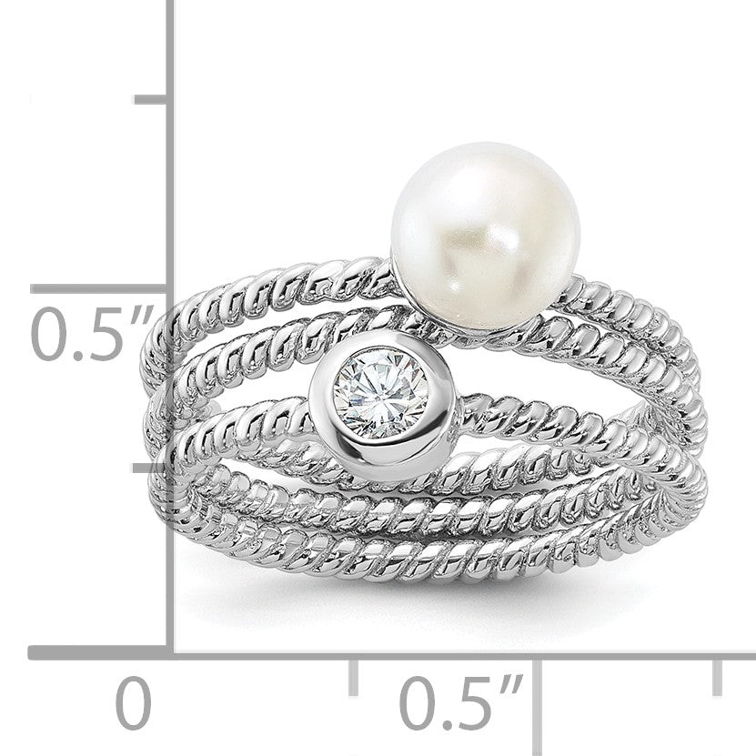 Sterling Silver Rhodium-plated 6-7mm White Freshwater Cultured Pearl and CZ 3 Ring Set