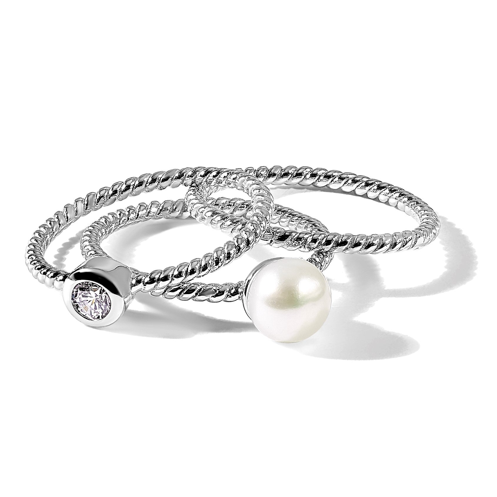 Sterling Silver Rhodium-plated 6-7mm White Freshwater Cultured Pearl and CZ 3 Ring Set