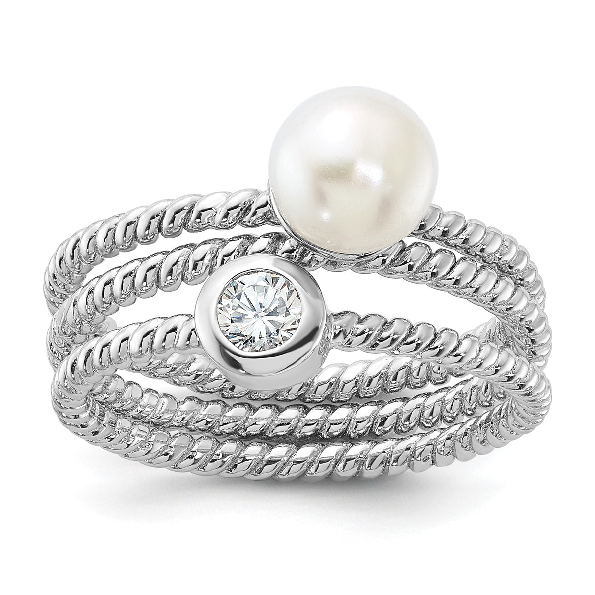 Sterling Silver Rhodium-plated 6-7mm White Freshwater Cultured Pearl and CZ 3 Ring Set