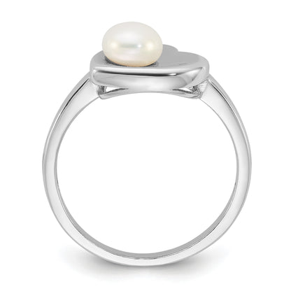 Sterling Silver Rhodium-plated 5-6mm White Freshwater Cultured Pearl Heart Ring