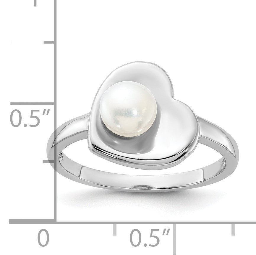 Sterling Silver Rhodium-plated 5-6mm White Freshwater Cultured Pearl Heart Ring