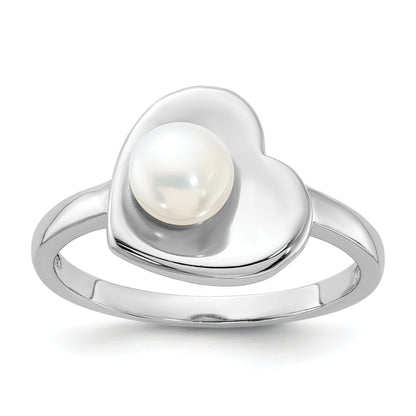 Sterling Silver Rhodium-plated 5-6mm White Freshwater Cultured Pearl Heart Ring