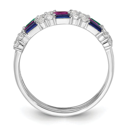 Sterling Silver Rhodium-plated Green, Red and Blue CZ 3 Ring Set