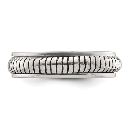 Sterling Silver Polished Oxidized Half Round Patterned Men's Ring