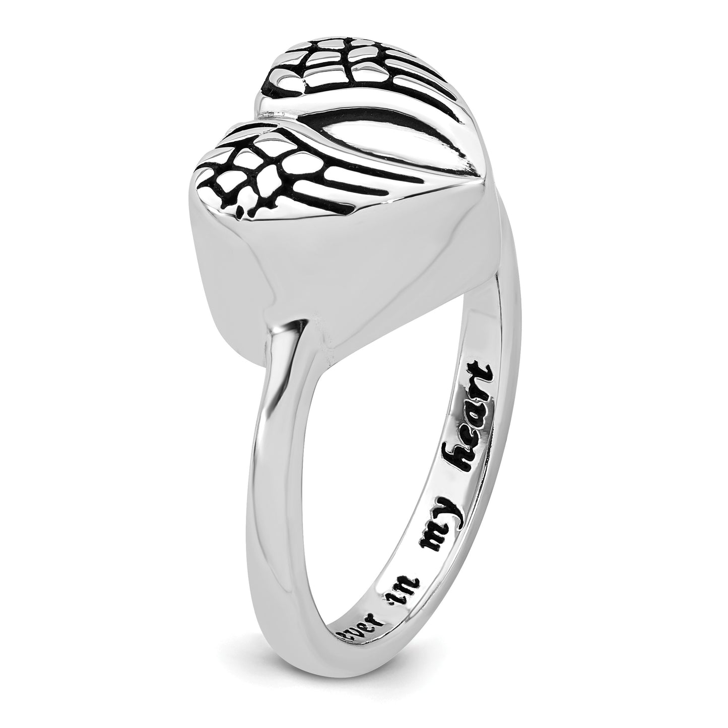 Sterling Silver Rhodium-plated Enameled Heart With Wings FOREVER IN MY HEART (Inside) Ash Holder Size 6 Ring