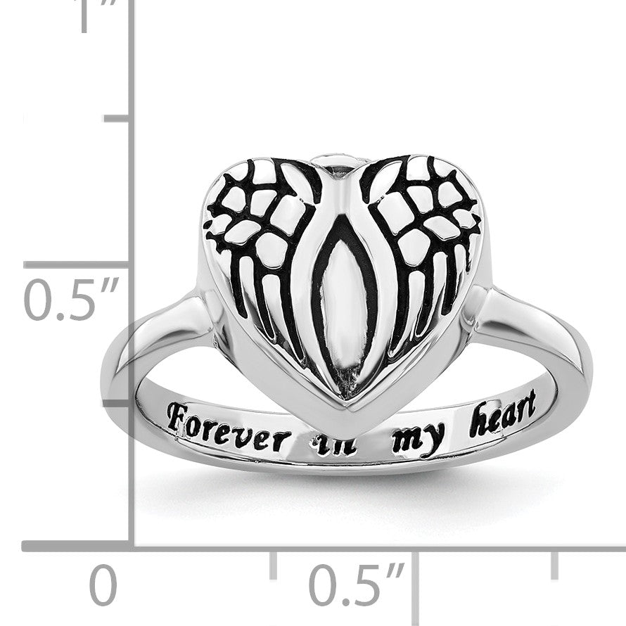 Sterling Silver Rhodium-plated Enameled Heart With Wings FOREVER IN MY HEART (Inside) Ash Holder Size 6 Ring
