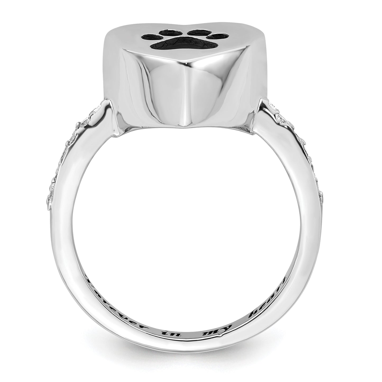 Sterling Silver Rhodium-plated CZ Shank Heart Enameled Paw Print FOREVER IN MY HEART (Inside) Ash Holder Size 7 Ring