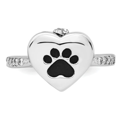 Sterling Silver Rhodium-plated CZ Shank Heart Enameled Paw Print FOREVER IN MY HEART (Inside) Ash Holder Size 7 Ring