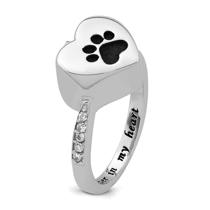 Sterling Silver Rhodium-plated CZ Shank Heart Enameled Paw Print FOREVER IN MY HEART (Inside) Ash Holder Size 8 Ring