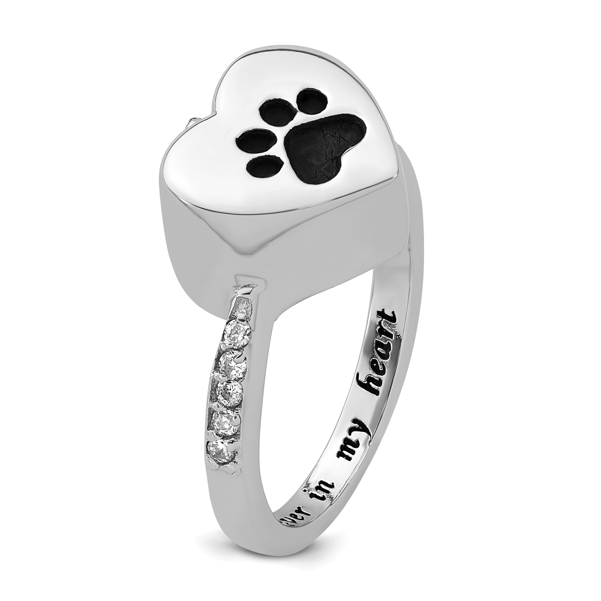 Sterling Silver Rhodium-plated CZ Shank Heart Enameled Paw Print FOREVER IN MY HEART (Inside) Ash Holder Size 7 Ring