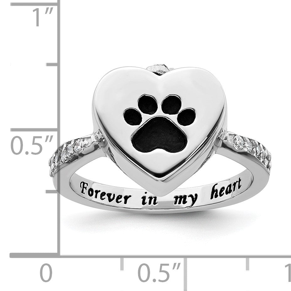 Sterling Silver Rhodium-plated CZ Shank Heart Enameled Paw Print FOREVER IN MY HEART (Inside) Ash Holder Size 8 Ring