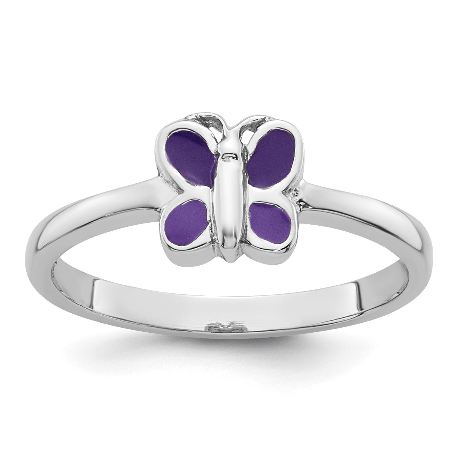 Sterling Silver Rhodium-plated Children's Size 3 Purple Enamel Butterfly Ring