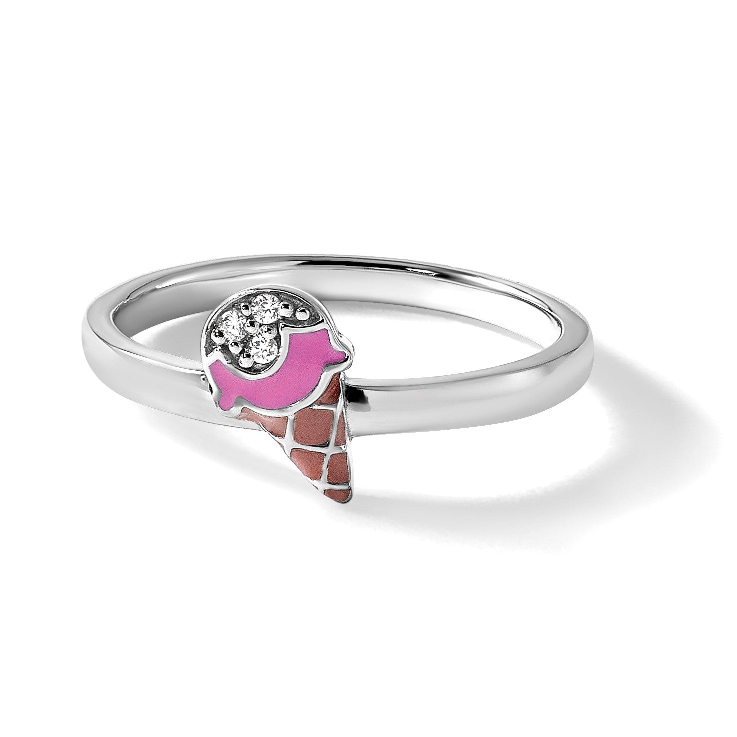 Sterling Silver Rhodium-plated Children's Size 3 Pink and Brown Enamel with CZ Ice Cream Cone Ring