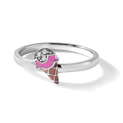 Sterling Silver Rhodium-plated Children's Size 3 Pink and Brown Enamel with CZ Ice Cream Cone Ring