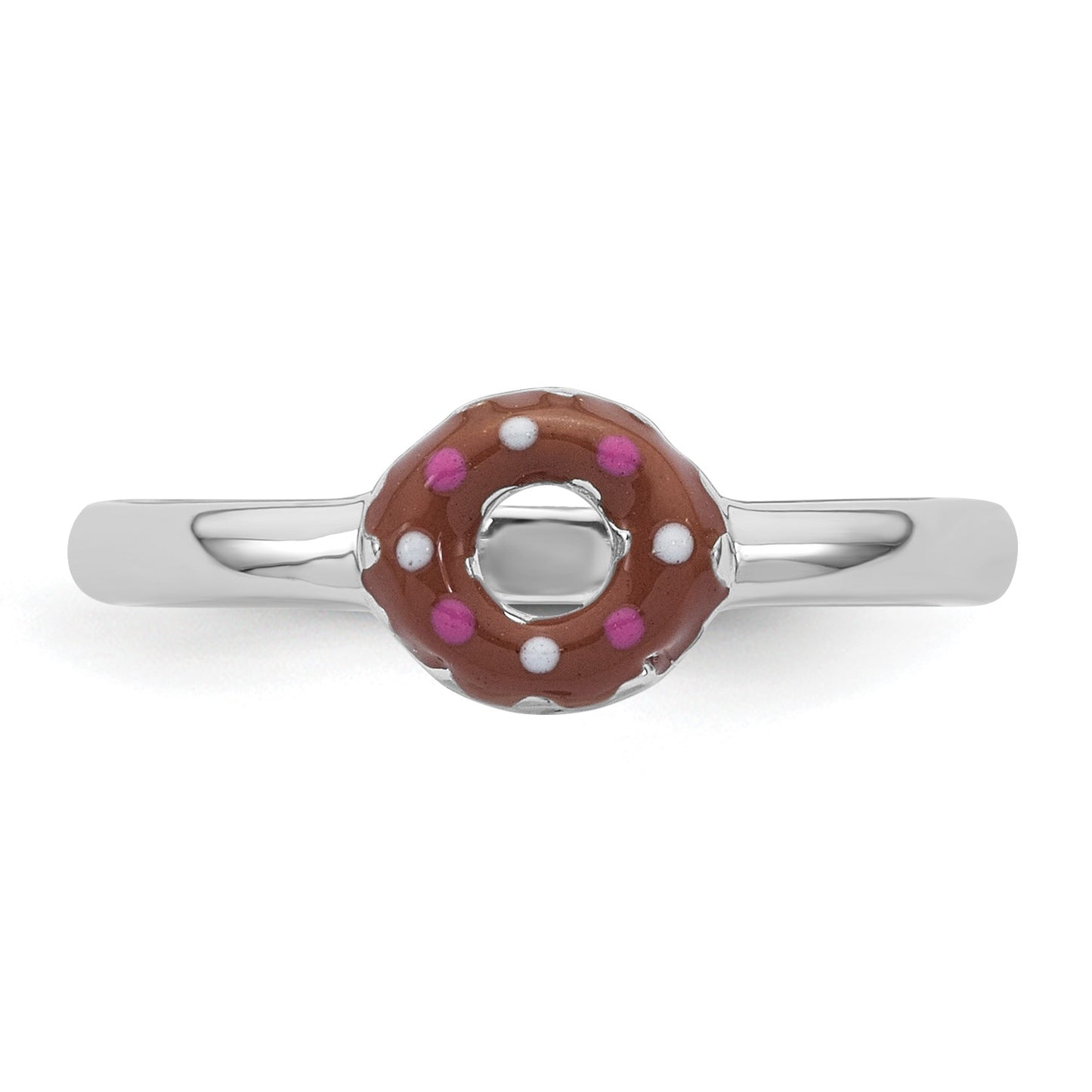 Sterling Silver Rhodium-plated Children's Size 4 Brown with Pink and White Enamel Sprinkled Donut Ring
