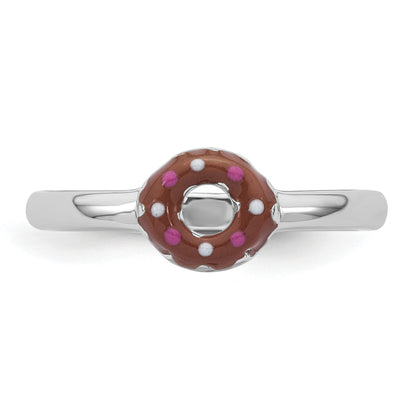 Sterling Silver Rhodium-plated Children's Size 4 Brown with Pink and White Enamel Sprinkled Donut Ring