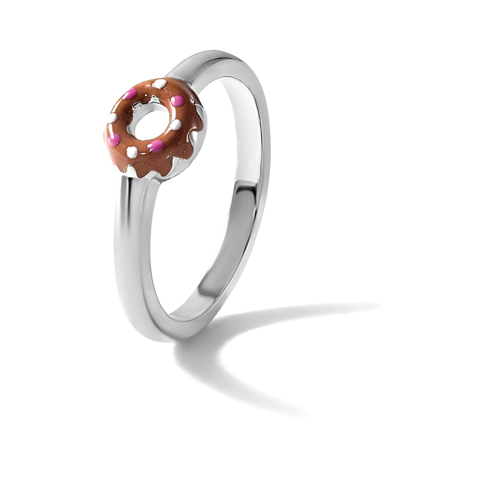 Sterling Silver Rhodium-plated Children's Size 4 Brown with Pink and White Enamel Sprinkled Donut Ring