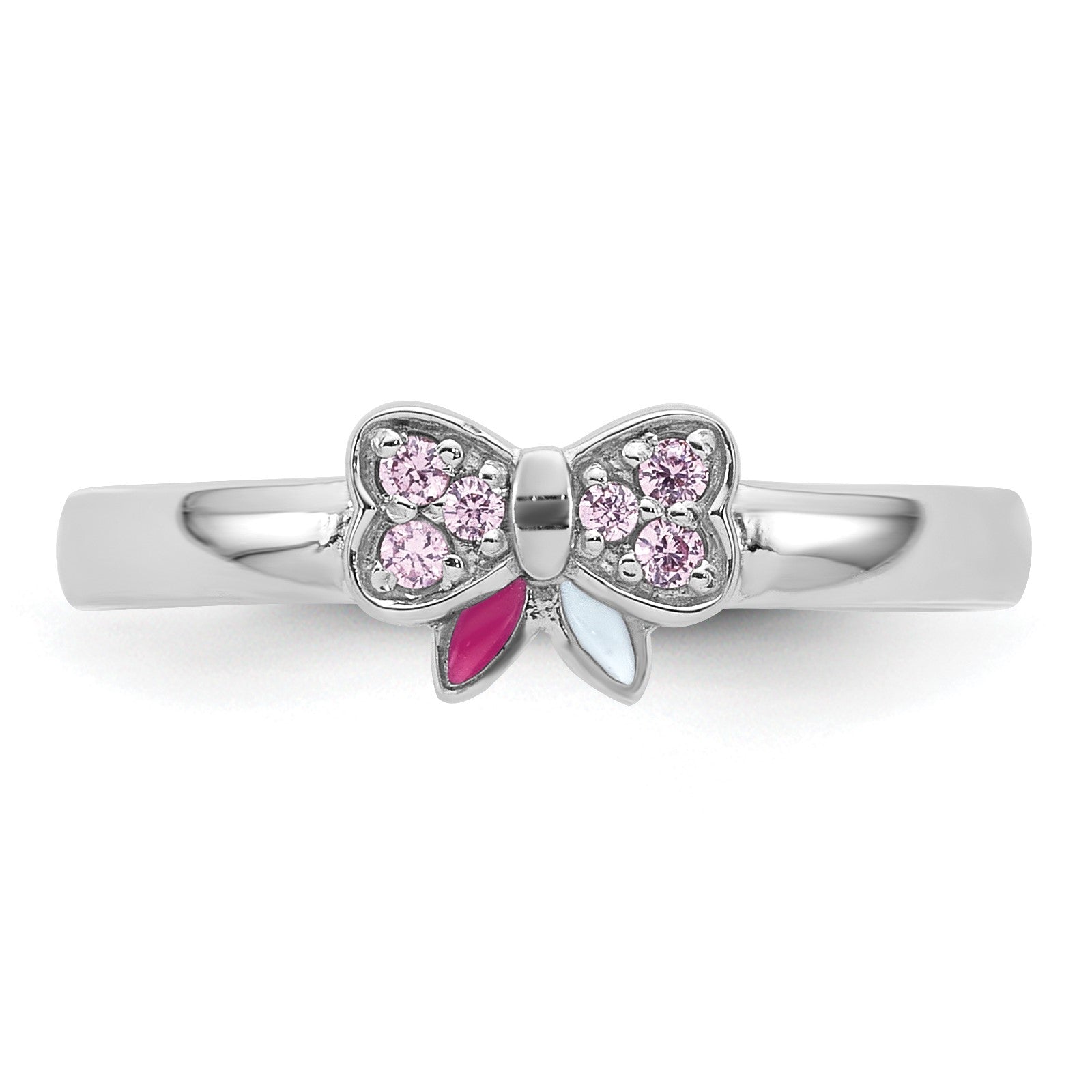 Sterling Silver Rhodium-plated Children's Size 3 Pink CZ with Pink and White Enamel Bow Ring