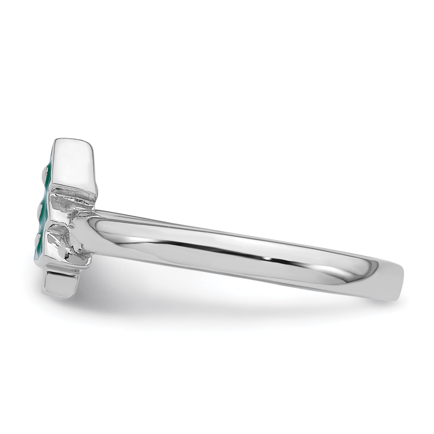 Sterling Silver Rhodium-plated Children's Size 3 Green Enamel Christmas Tree with Hearts Ring
