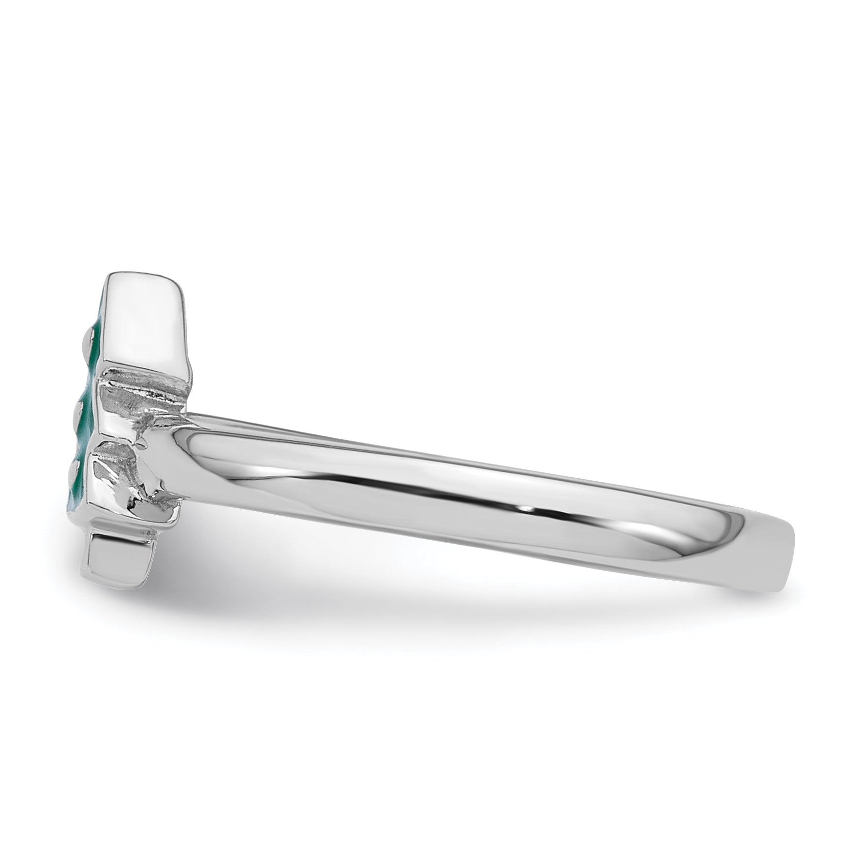 Sterling Silver Rhodium-plated Children's Size 3 Green Enamel Christmas Tree with Hearts Ring