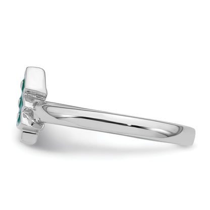 Sterling Silver Rhodium-plated Children's Size 3 Green Enamel Christmas Tree with Hearts Ring