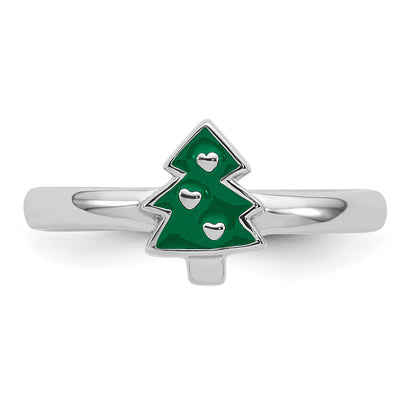 Sterling Silver Rhodium-plated Children's Size 3 Green Enamel Christmas Tree with Hearts Ring