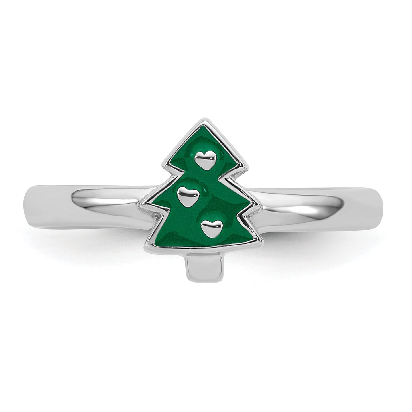 Sterling Silver Rhodium-plated Children's Size 4 Green Enamel Christmas Tree with Hearts Ring