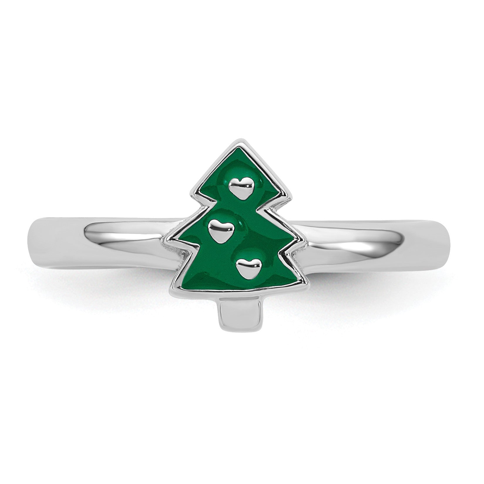 Sterling Silver Rhodium-plated Children's Size 4 Green Enamel Christmas Tree with Hearts Ring