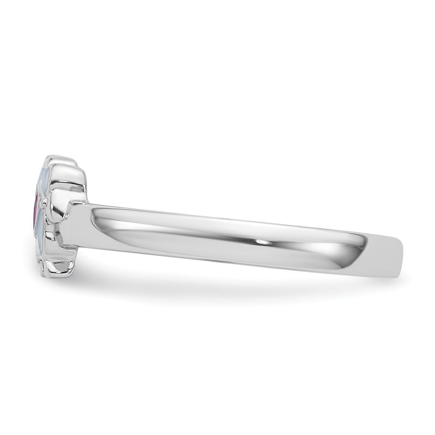 Sterling Silver Rhodium-plated Children's Size 4 White and Pink Enamel Sheep with Heart Ring
