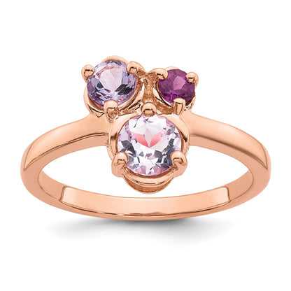 Sterling Silver Rose Gold-plated Polished Round Amethyst, Pink Quartz and Rhodolite Garnet Size 8 Ring