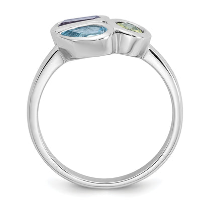 Sterling Silver Rhodium-plated Polished Pear Blue Topaz, Oval Peridot and Emerald-cut Amethyst Size 8 Ring
