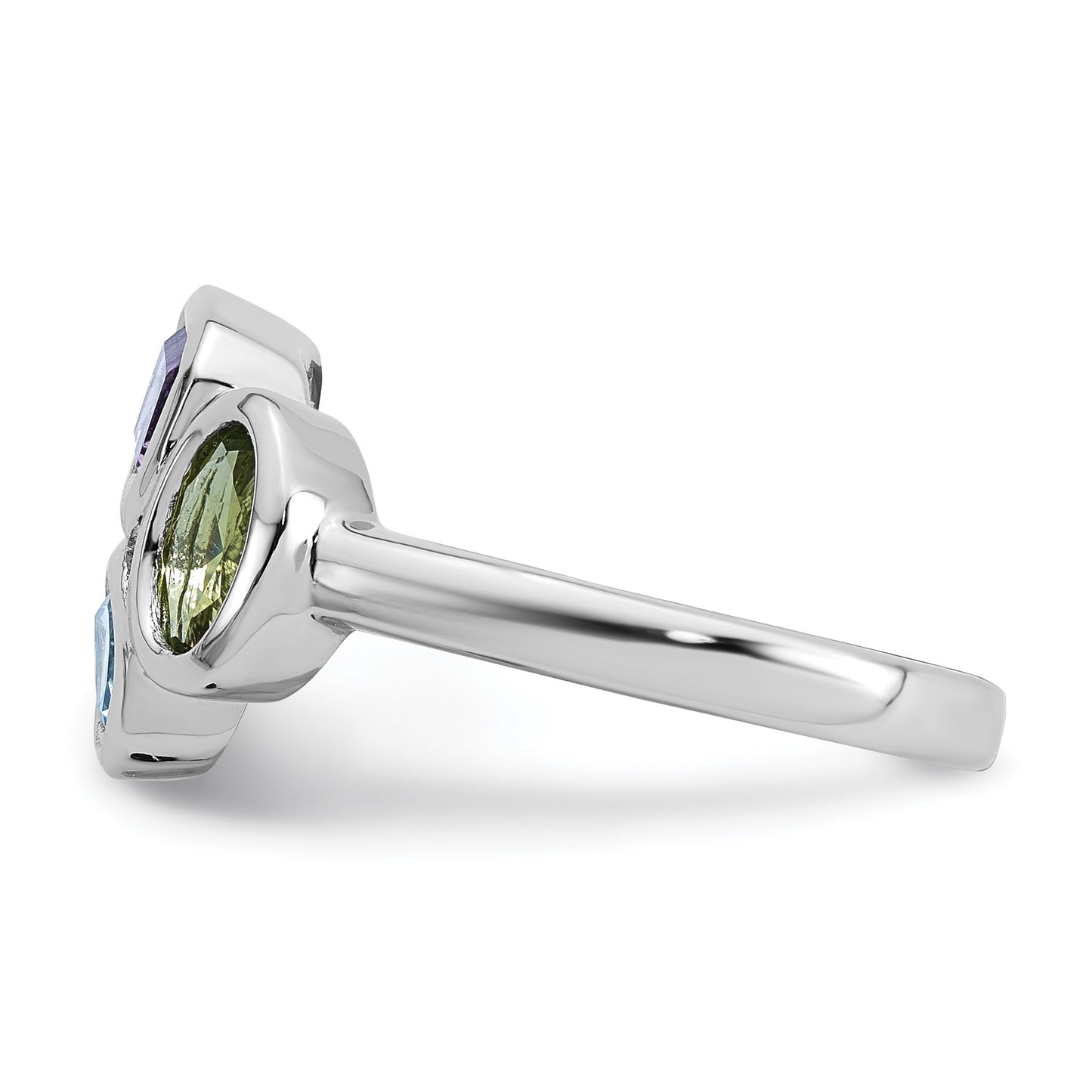 Sterling Silver Rhodium-plated Polished Pear Blue Topaz, Oval Peridot and Emerald-cut Amethyst Size 8 Ring