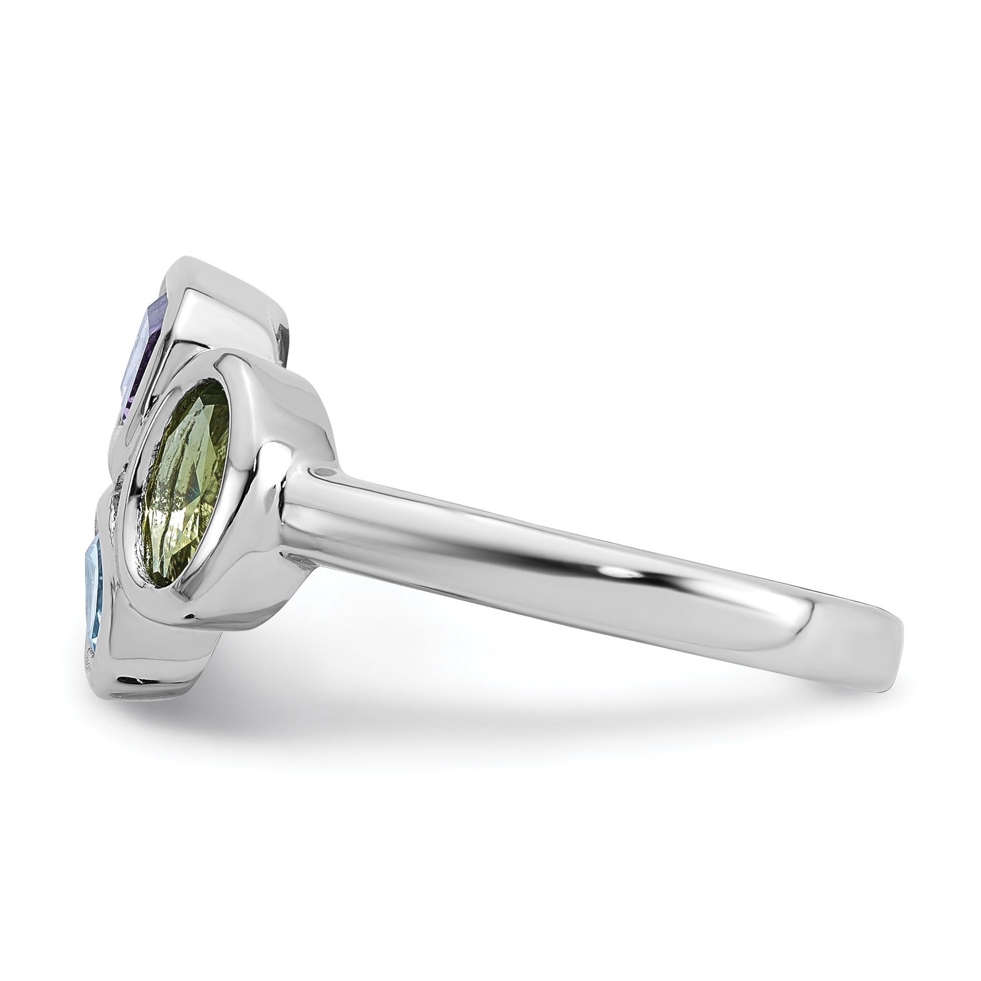 Sterling Silver Rhodium-plated Polished Pear Blue Topaz, Oval Peridot and Emerald-cut Amethyst Size 8 Ring