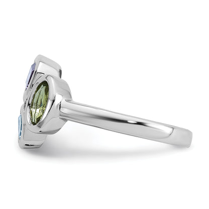 Sterling Silver Rhodium-plated Polished Pear Blue Topaz, Oval Peridot and Emerald-cut Amethyst Size 8 Ring