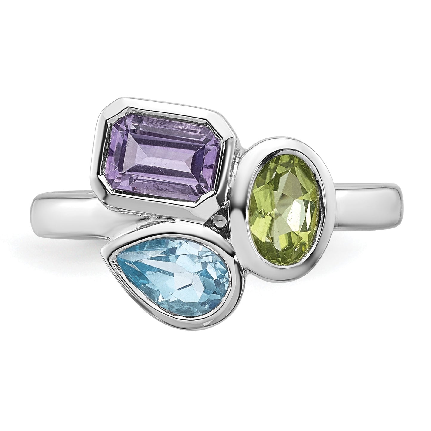 Sterling Silver Rhodium-plated Polished Pear Blue Topaz, Oval Peridot and Emerald-cut Amethyst Size 8 Ring