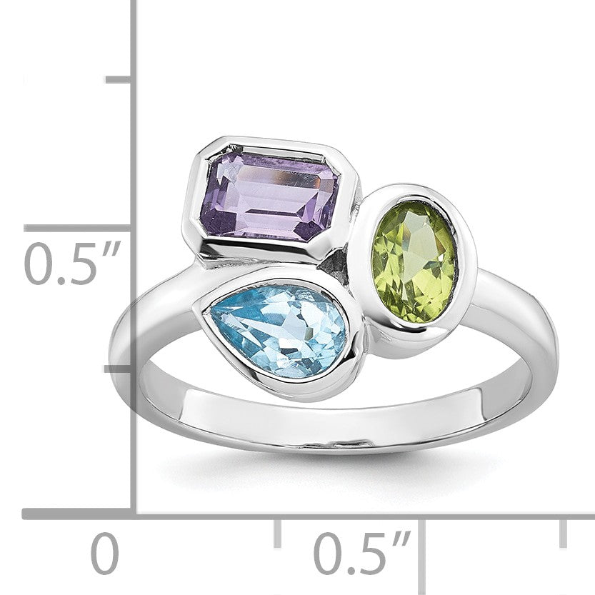 Sterling Silver Rhodium-plated Polished Pear Blue Topaz, Oval Peridot and Emerald-cut Amethyst Size 6 Ring