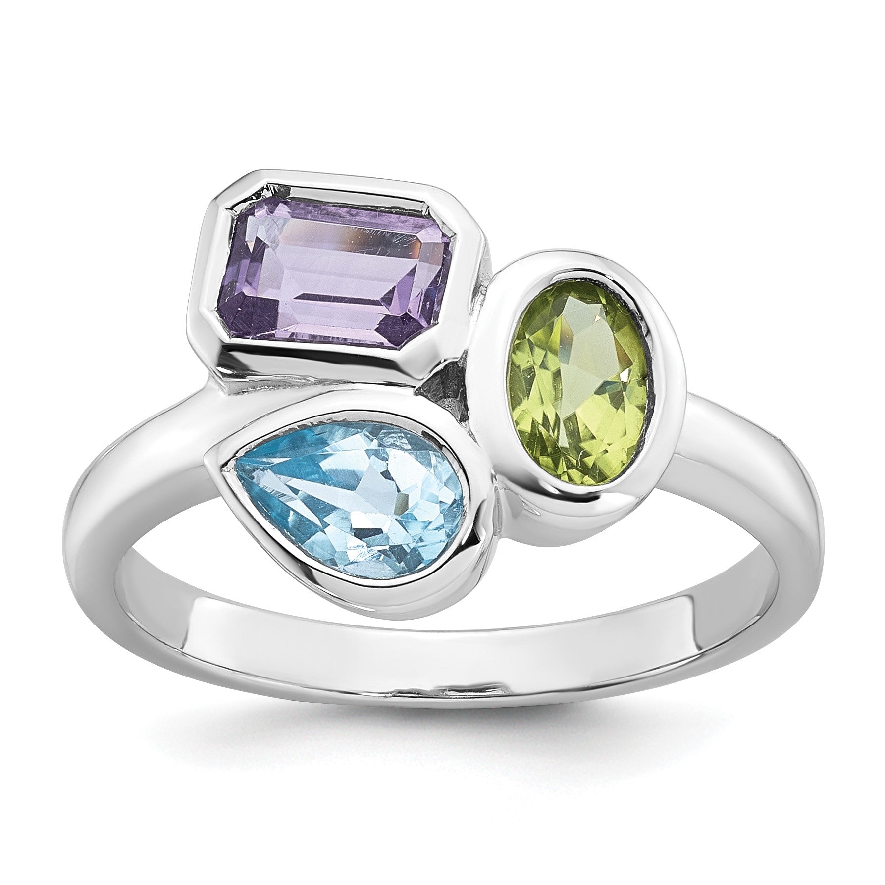 Sterling Silver Rhodium-plated Polished Pear Blue Topaz, Oval Peridot and Emerald-cut Amethyst Size 8 Ring