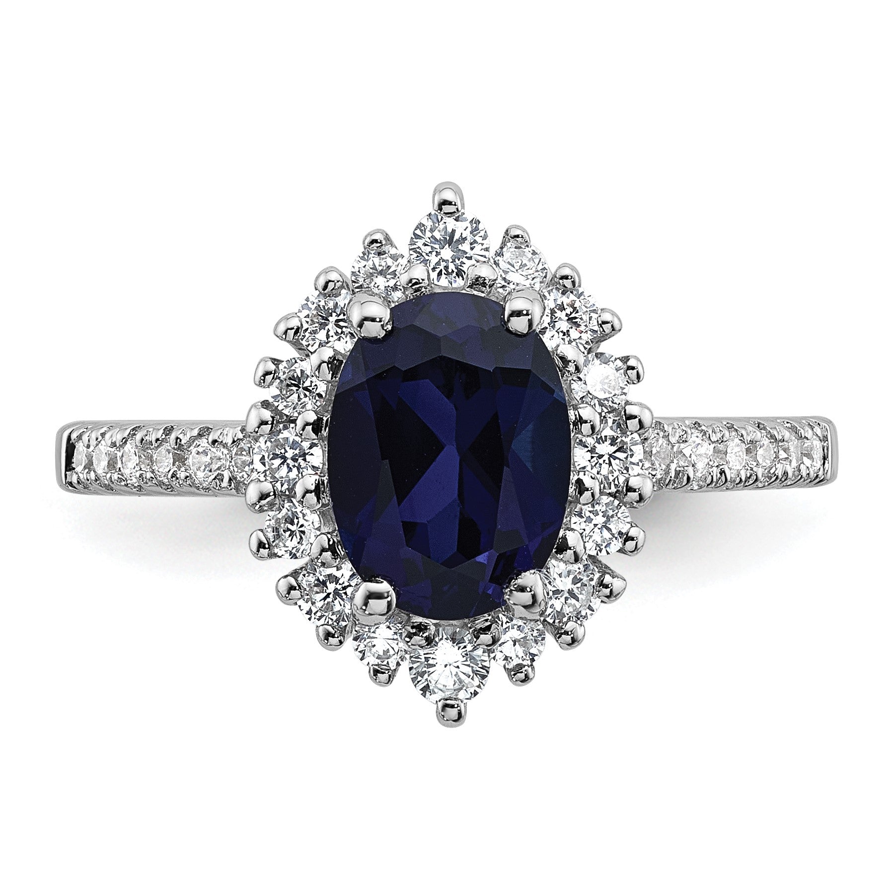Sterling Silver Rhodium-plated Polished Lab Created Sapphire and CZ Oval Halo Size 7 Ring