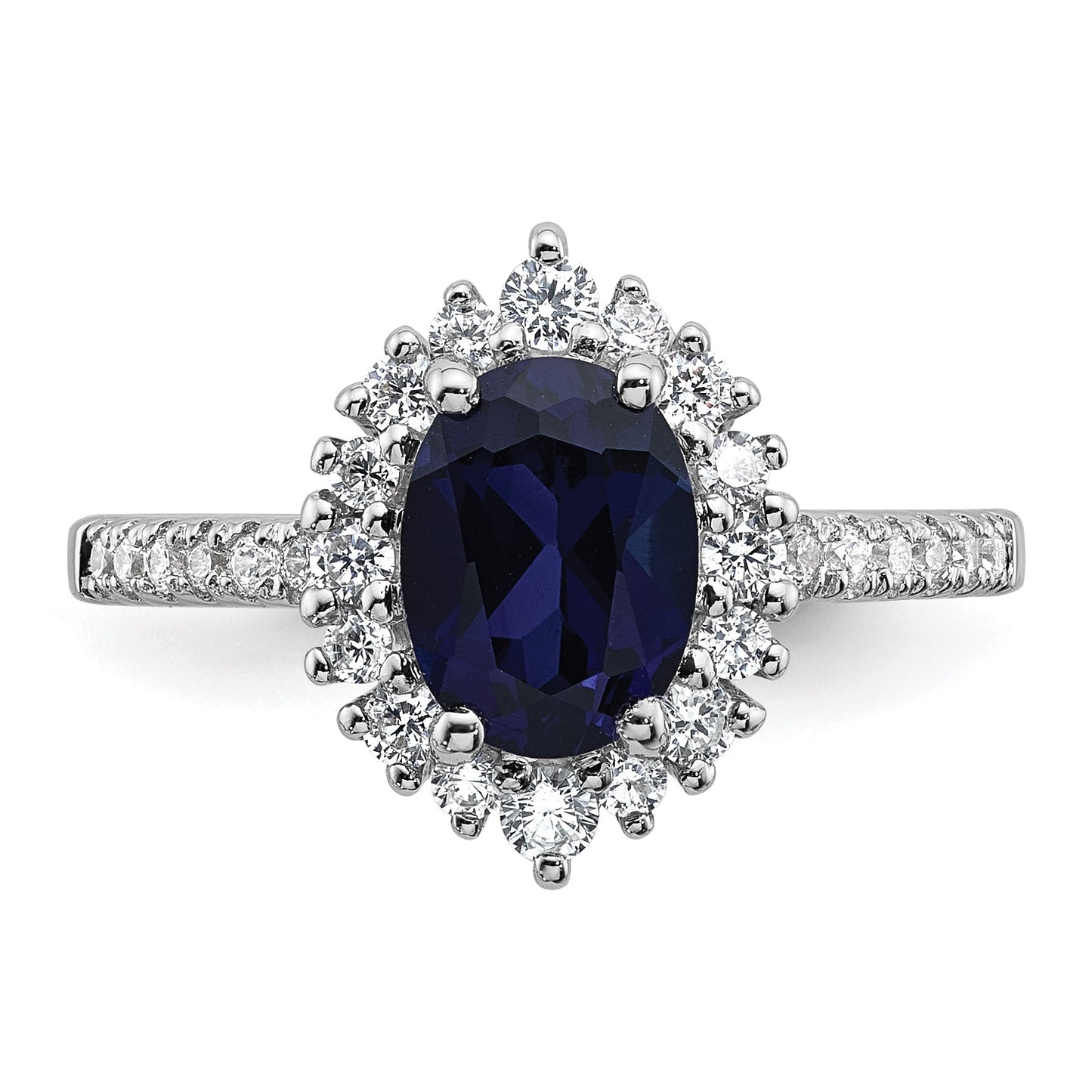 Sterling Silver Rhodium-plated Polished Lab Created Sapphire and CZ Oval Halo Size 6 Ring