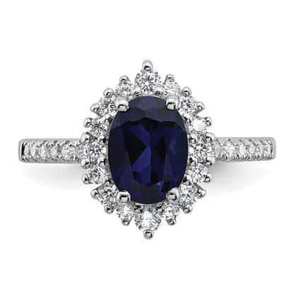 Sterling Silver Rhodium-plated Polished Lab Created Sapphire and CZ Oval Halo Size 6 Ring