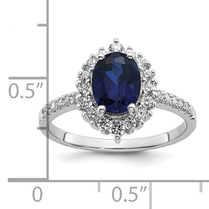 Sterling Silver Rhodium-plated Polished Lab Created Sapphire and CZ Oval Halo Size 6 Ring
