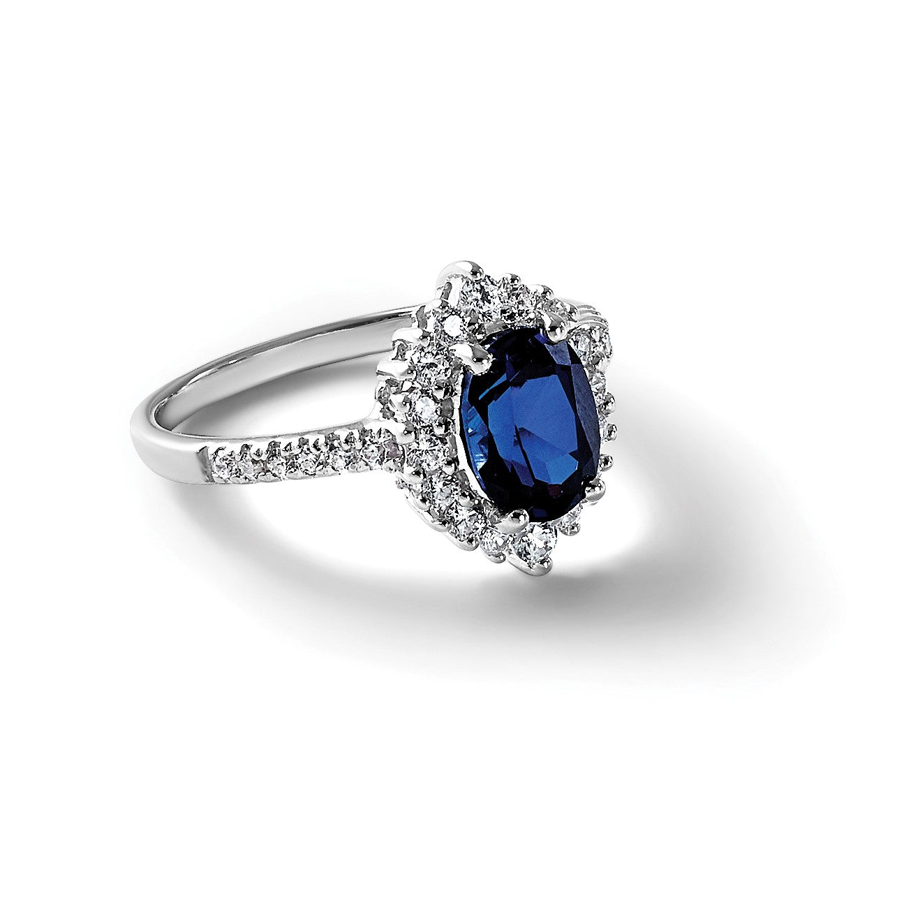 Sterling Silver Rhodium-plated Polished Lab Created Sapphire and CZ Oval Halo Size 7 Ring