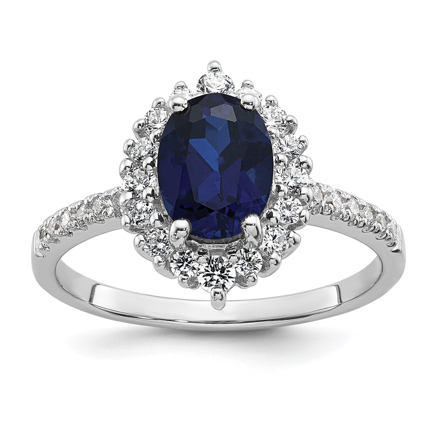 Sterling Silver Rhodium-plated Polished Lab Created Sapphire and CZ Oval Halo Size 8 Ring