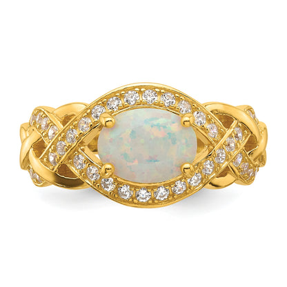 Sterling Silver Gold-tone Polished CZ and Lab Created Opal Size 7 Twisted Ring