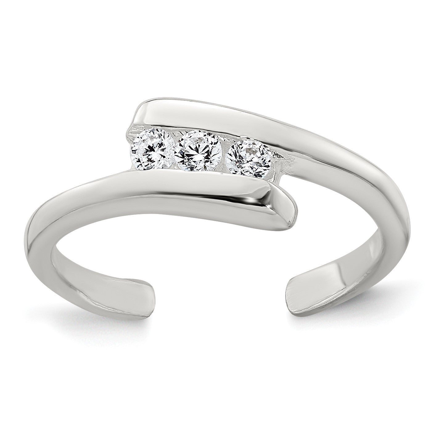 Sterling Silver Polished 3 Stone CZ Bypass Adjustable Toe Ring