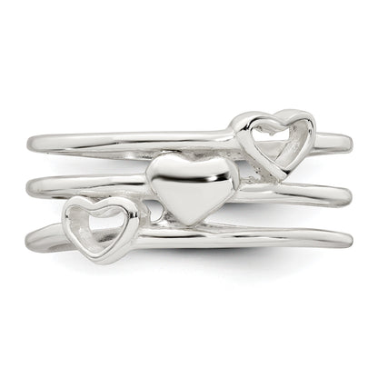 Sterling Silver Polished Hearts Three Band Size 6 Ring
