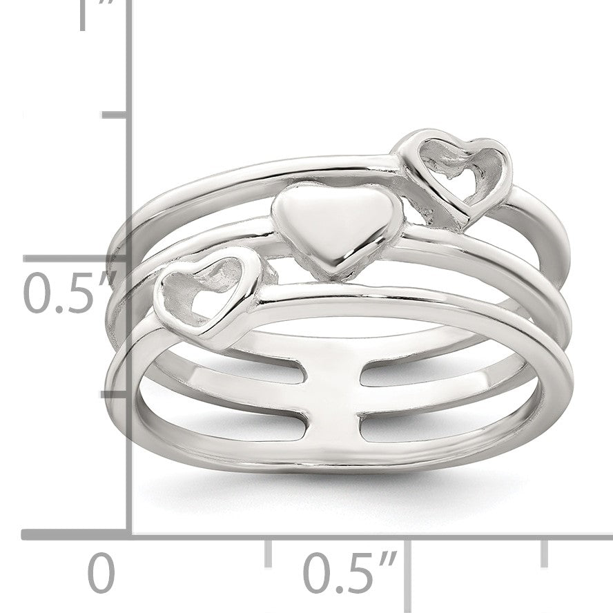 Sterling Silver Polished Hearts Three Band Size 6 Ring