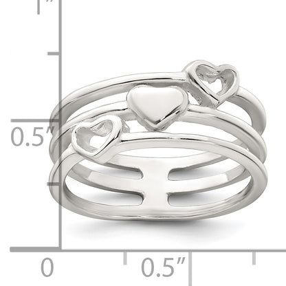 Sterling Silver Polished Hearts Three Band Size 8 Ring