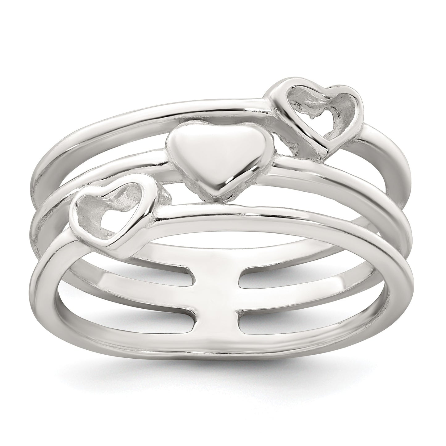 Sterling Silver Polished Hearts Three Band Size 7 Ring