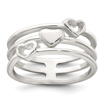 Sterling Silver Polished Hearts Three Band Size 7 Ring